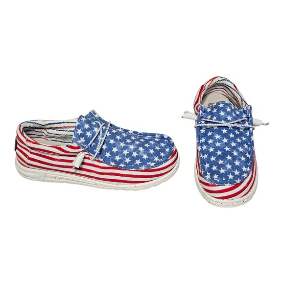 Hey Dude Wally Patriotic Mens 10 Stars & Stripes Shoes Red White Blue CLEAN - Picture 1 of 10